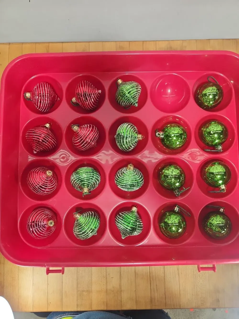 Vintage MCM 19 Plastic Christmas Ornaments Red Green Spiral Glitter w Case